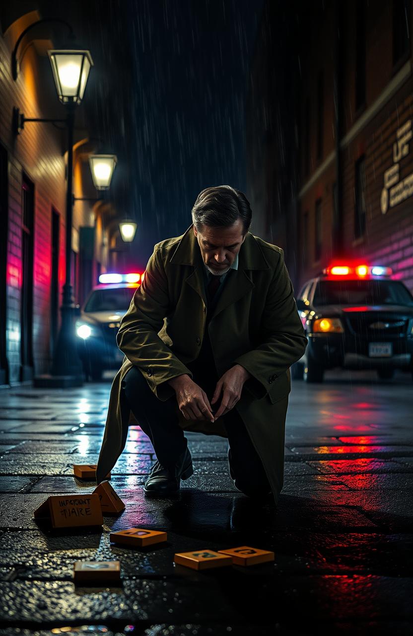 A determined detective in a vintage trench coat investigating a crime scene