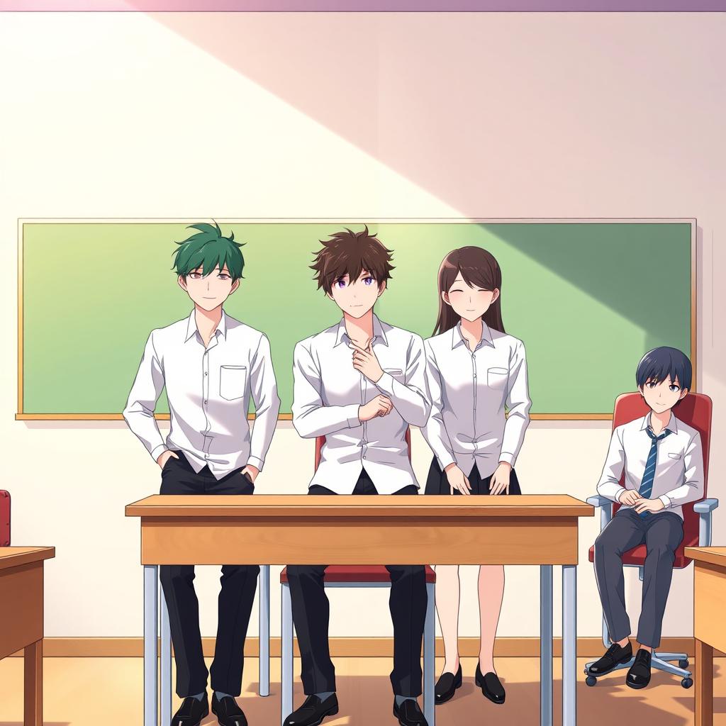 An anime-style illustration featuring 6 faceless characters as students in a classroom setting