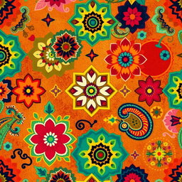 A vibrant and colorful ethnic restaurant wallpaper design featuring intricate geometric patterns, traditional motifs, and elements inspired by various cultures around the world