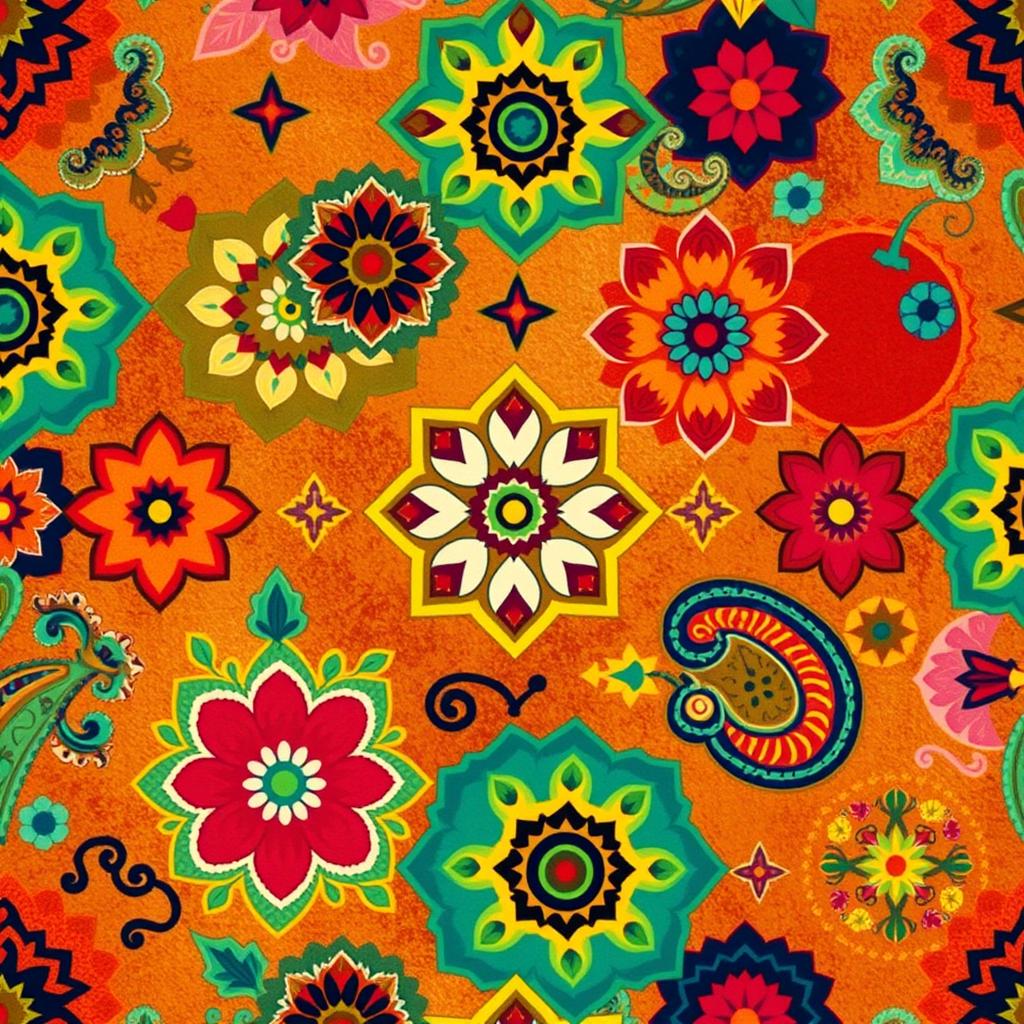 A vibrant and colorful ethnic restaurant wallpaper design featuring intricate geometric patterns, traditional motifs, and elements inspired by various cultures around the world