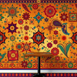 A vibrant and colorful ethnic restaurant wallpaper design featuring intricate geometric patterns, traditional motifs, and elements inspired by various cultures around the world