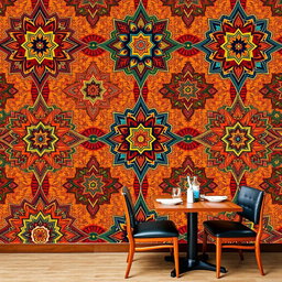 A vibrant and colorful ethnic restaurant wallpaper design featuring intricate geometric patterns, traditional motifs, and elements inspired by various cultures around the world
