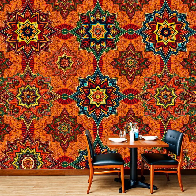 A vibrant and colorful ethnic restaurant wallpaper design featuring intricate geometric patterns, traditional motifs, and elements inspired by various cultures around the world