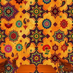 A vibrant and colorful ethnic restaurant wallpaper design featuring intricate geometric patterns, traditional motifs, and elements inspired by various cultures around the world
