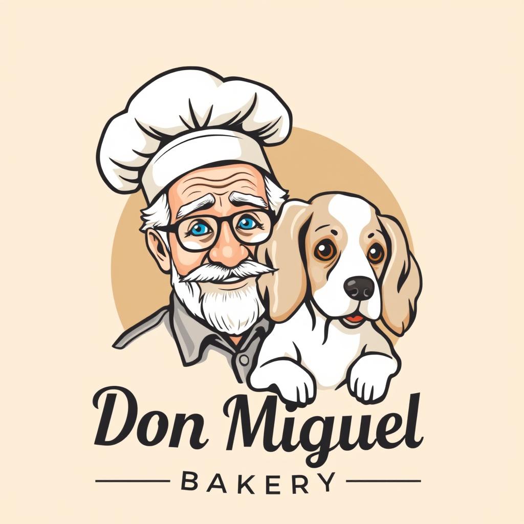 A logo for a bakery named "Don Miguel" featuring a charming grandfather with bright blue eyes, alongside his white cocker spaniel dog with brown eyes, both interacting in a warm and inviting manner