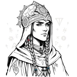 A detailed black and white ink illustration of a Dungeons and Dragons cleric headshot