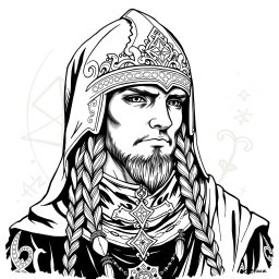 A detailed black and white ink illustration of a Dungeons and Dragons cleric headshot