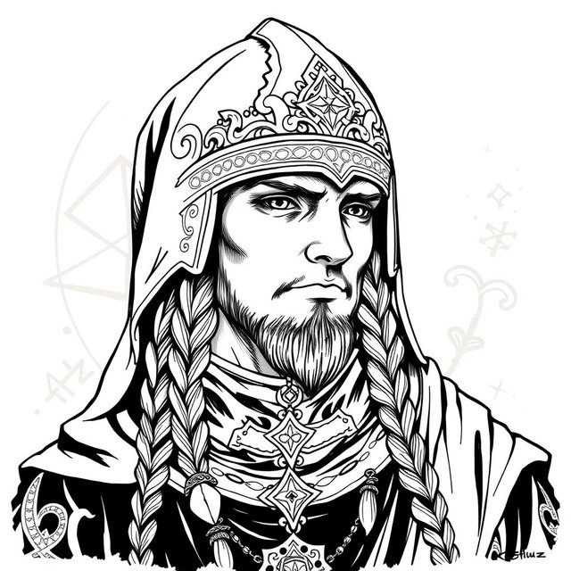 A detailed black and white ink illustration of a Dungeons and Dragons cleric headshot
