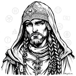 A detailed black and white ink illustration of a Dungeons and Dragons cleric headshot