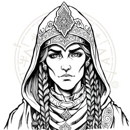A detailed black and white ink illustration of a Dungeons and Dragons cleric headshot