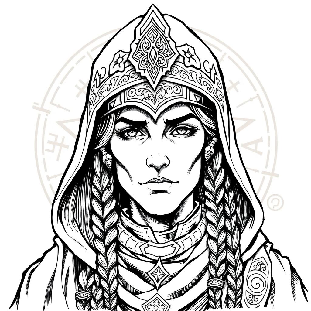 A detailed black and white ink illustration of a Dungeons and Dragons cleric headshot