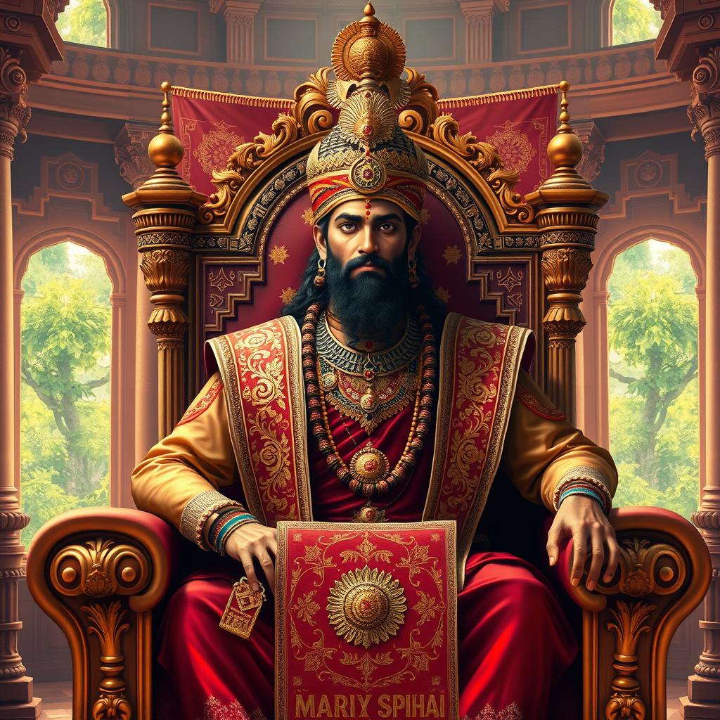 A majestic depiction of Shivaji Maharaj, the legendary Maratha warrior king, adorned in traditional royal attire with intricate gold embroidery