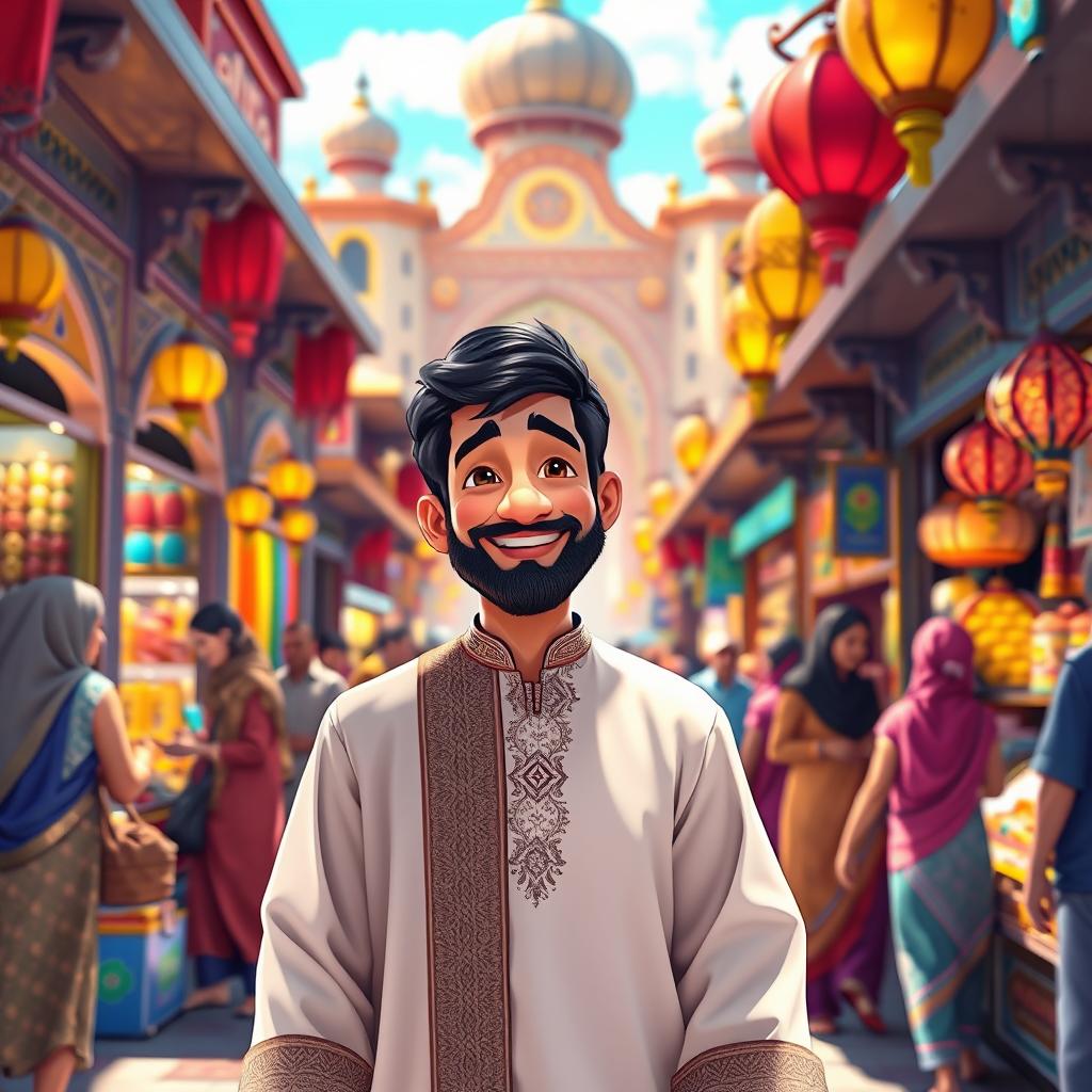 A vibrant animation of a Muslim man, dressed in traditional attire, walking through a bustling marketplace filled with colorful stalls and people