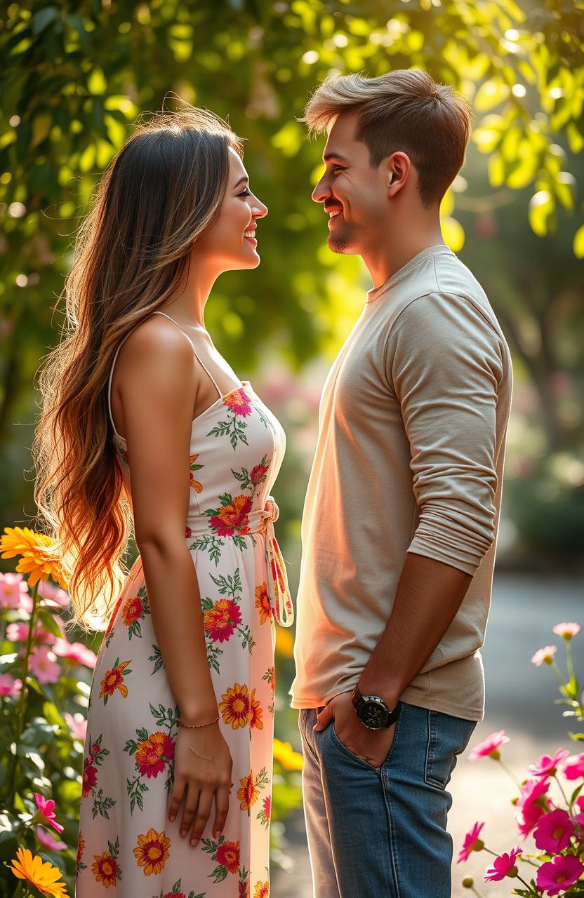 A vibrant, intimate scene featuring a woman and a man standing face to face, exuding chemistry and connection