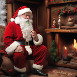 Santa Claus sitting in his cozy North Pole home, puffing thoughtfully on a traditional wooden pipe.