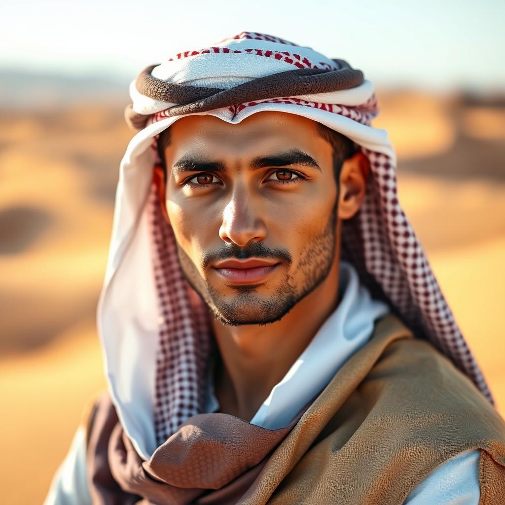 A striking portrait of a handsome Arab man with charismatic features, wearing a traditional thobe and a stylish keffiyeh