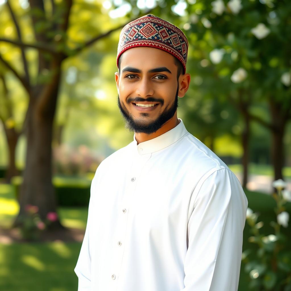 A handsome Muslim man with a captivating smile, dressed in a stylish but traditional outfit consisting of a clean white thobe and a beautifully patterned kufi cap