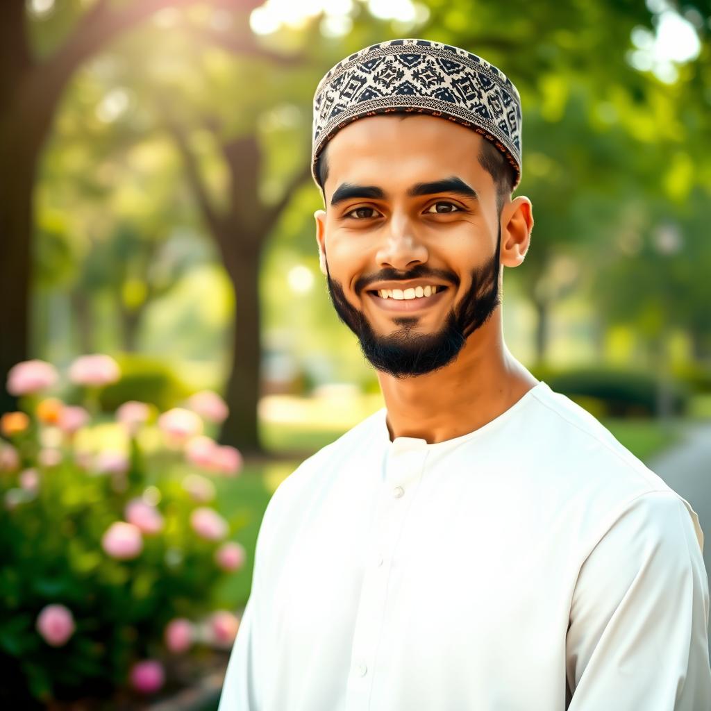 Elegance and Tradition: A Handsome Muslim Man in Thobe and Kufi