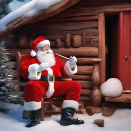 Santa Claus sitting in his cozy North Pole home, puffing thoughtfully on a traditional wooden pipe.