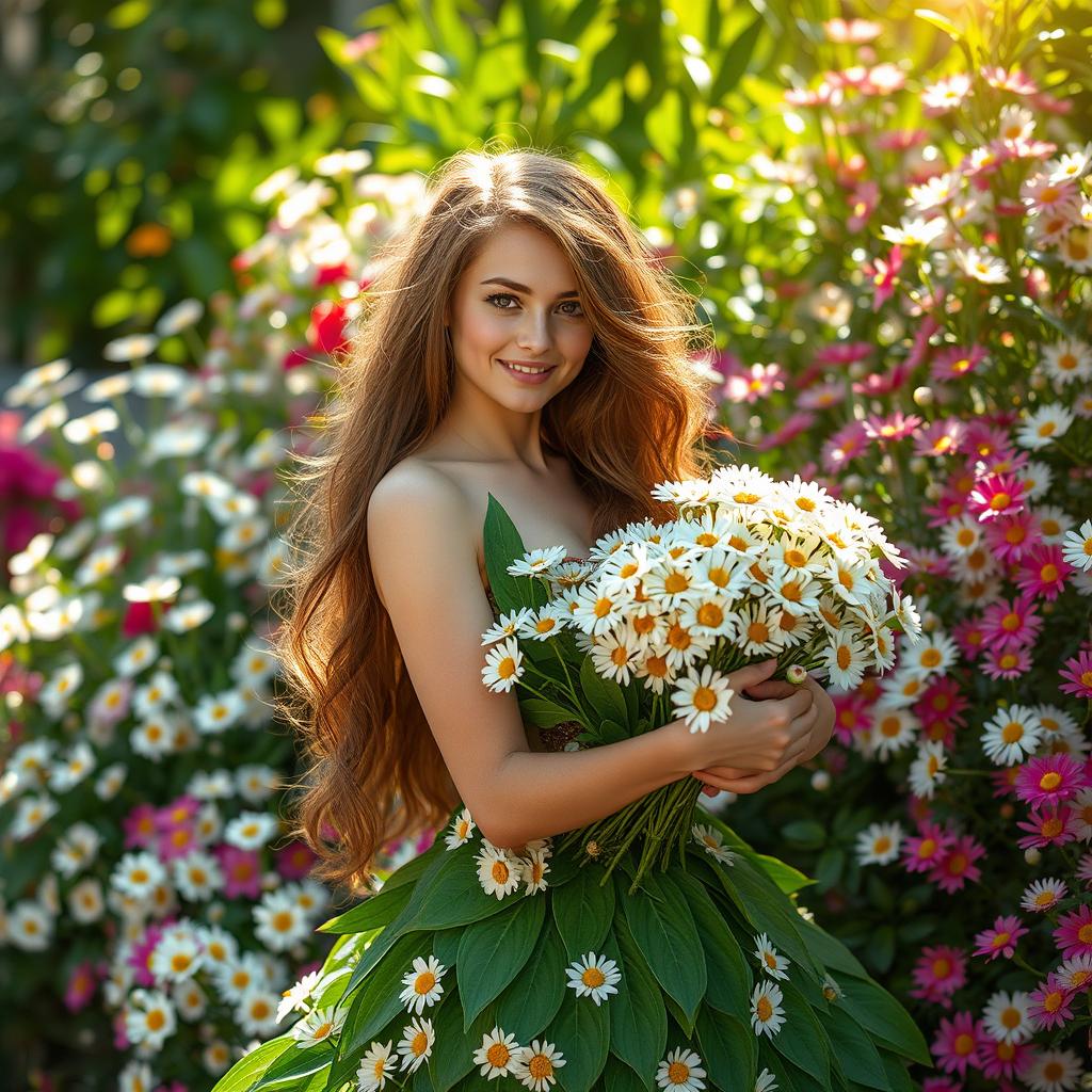 A slender young woman with voluminous brown hair, shimmering golden eyes, wearing a stunning dress made entirely of green leaves and white daisies
