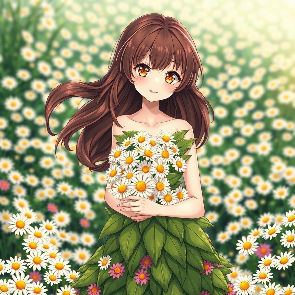A slender, young woman with voluminous brown hair and shimmering golden eyes, wearing a gorgeous dress made entirely out of vibrant green leaves and colorful daisies