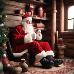 Santa Claus sitting in his cozy North Pole home, puffing thoughtfully on a traditional wooden pipe.