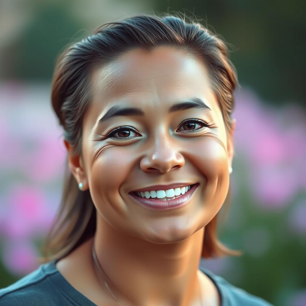 A portrait of an individual with a slightly round face, soft features, and a warm smile