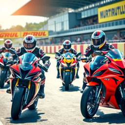 A dynamic and exciting scene set at a motorcycle speed school, featuring students in full racing gear practicing on sleek, colorful sport motorcycles