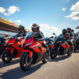 A dynamic and exciting scene set at a motorcycle speed school, featuring students in full racing gear practicing on sleek, colorful sport motorcycles