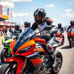 A dynamic and exciting scene set at a motorcycle speed school, featuring students in full racing gear practicing on sleek, colorful sport motorcycles
