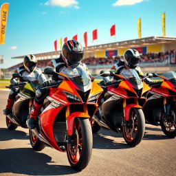 A dynamic and exciting scene set at a motorcycle speed school, featuring students in full racing gear practicing on sleek, colorful sport motorcycles
