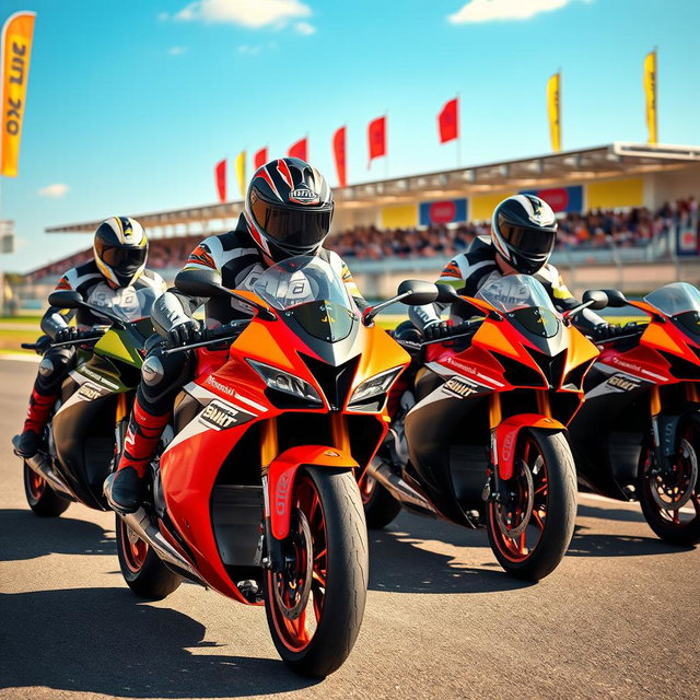 A dynamic and exciting scene set at a motorcycle speed school, featuring students in full racing gear practicing on sleek, colorful sport motorcycles