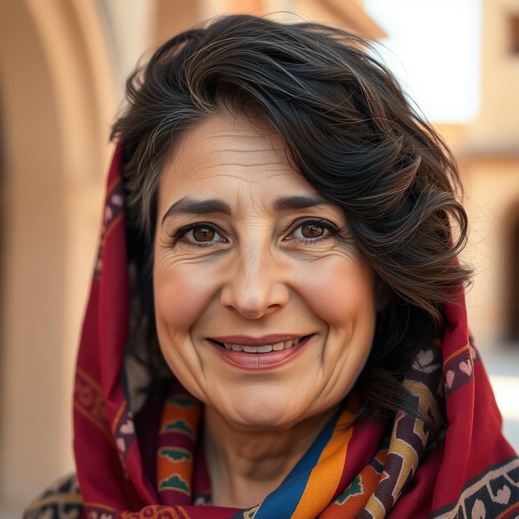 A portrait of a middle-aged woman in her 50s from the Middle East, featuring a round face with soft features and a warm smile