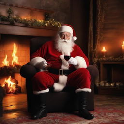 Santa Claus enjoying a quiet moment, savoring a glass of rich, red wine by the fireplace.