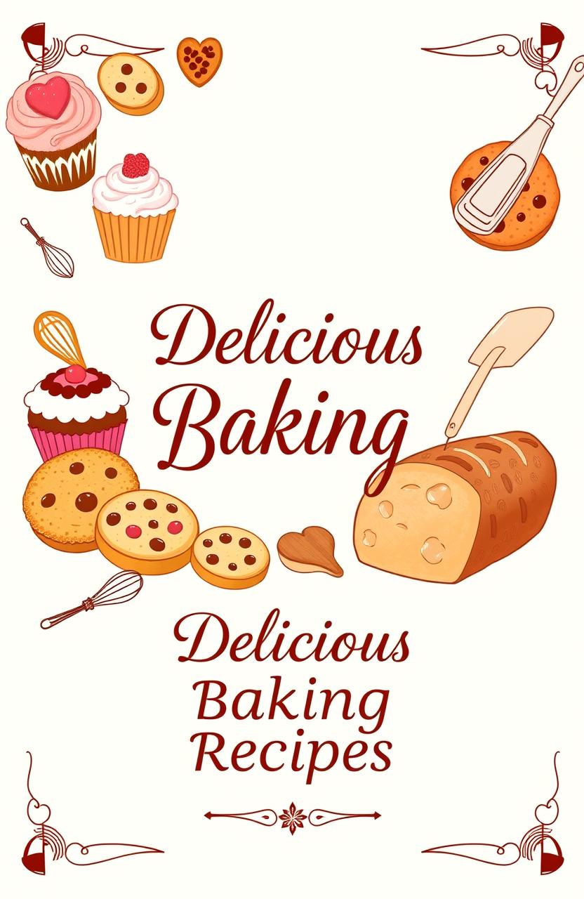 A beautifully designed baking recipe book cover featuring an assortment of freshly baked goods like cupcakes, cookies, and a loaf of artisan bread