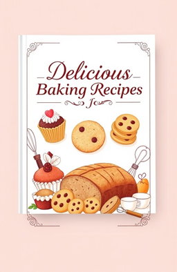 A beautifully designed baking recipe book cover featuring an assortment of freshly baked goods like cupcakes, cookies, and a loaf of artisan bread