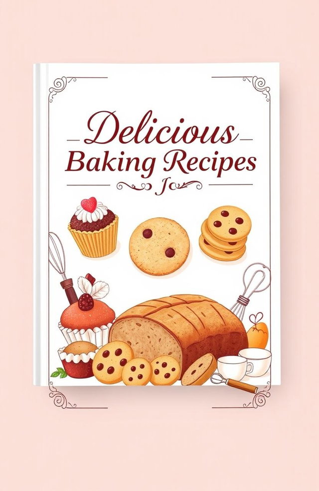 A beautifully designed baking recipe book cover featuring an assortment of freshly baked goods like cupcakes, cookies, and a loaf of artisan bread