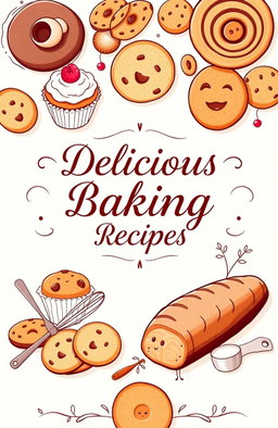 A beautifully designed baking recipe book cover featuring an assortment of freshly baked goods like cupcakes, cookies, and a loaf of artisan bread