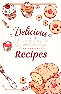 A beautifully designed baking recipe book cover featuring an assortment of freshly baked goods like cupcakes, cookies, and a loaf of artisan bread