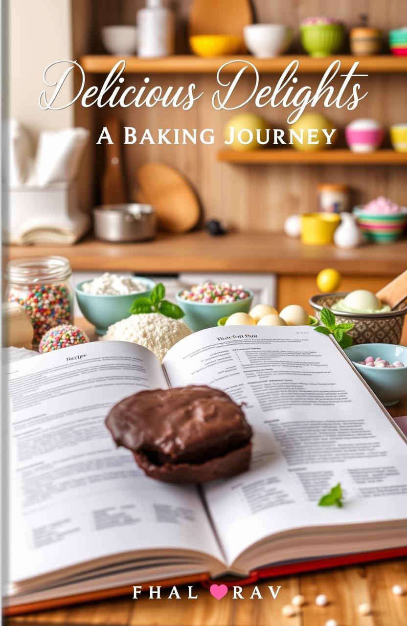 A beautifully styled baking recipe book cover featuring a cozy kitchen scene with various baking ingredients like flour, sugar, eggs, and butter artfully arranged