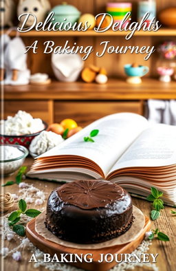 A beautifully styled baking recipe book cover featuring a cozy kitchen scene with various baking ingredients like flour, sugar, eggs, and butter artfully arranged
