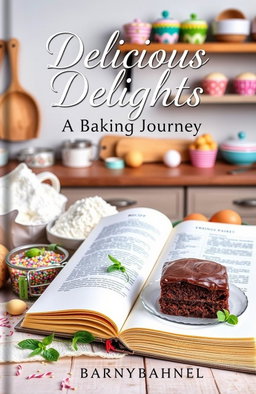 A beautifully styled baking recipe book cover featuring a cozy kitchen scene with various baking ingredients like flour, sugar, eggs, and butter artfully arranged