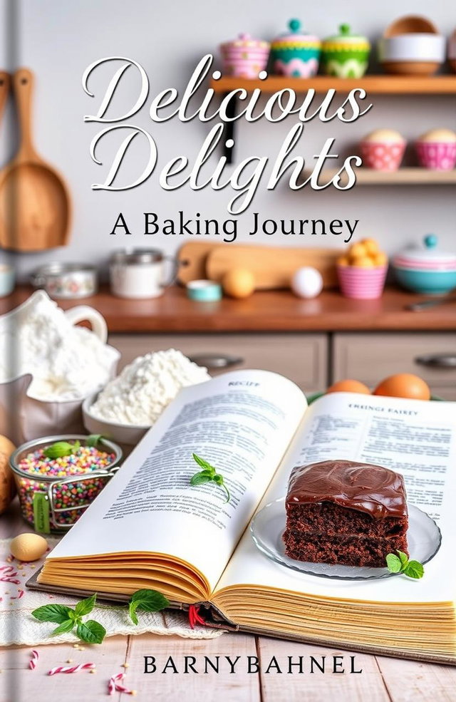 A beautifully styled baking recipe book cover featuring a cozy kitchen scene with various baking ingredients like flour, sugar, eggs, and butter artfully arranged