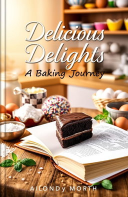 A beautifully styled baking recipe book cover featuring a cozy kitchen scene with various baking ingredients like flour, sugar, eggs, and butter artfully arranged