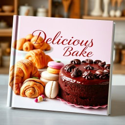 A vibrant and inviting book cover for a baking recipe book, showcasing an elegant display of assorted baked goods like freshly baked croissants, colorful macarons, and a decadent chocolate cake