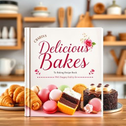 A vibrant and inviting book cover for a baking recipe book, showcasing an elegant display of assorted baked goods like freshly baked croissants, colorful macarons, and a decadent chocolate cake