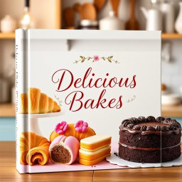A vibrant and inviting book cover for a baking recipe book, showcasing an elegant display of assorted baked goods like freshly baked croissants, colorful macarons, and a decadent chocolate cake