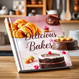 A vibrant and inviting book cover for a baking recipe book, showcasing an elegant display of assorted baked goods like freshly baked croissants, colorful macarons, and a decadent chocolate cake