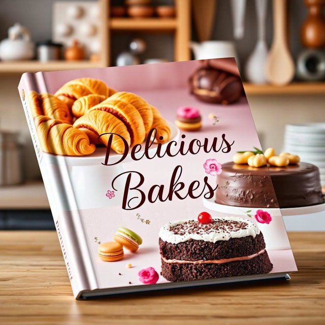 A vibrant and inviting book cover for a baking recipe book, showcasing an elegant display of assorted baked goods like freshly baked croissants, colorful macarons, and a decadent chocolate cake