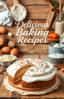 A beautifully designed baking recipe cover featuring an inviting kitchen scene